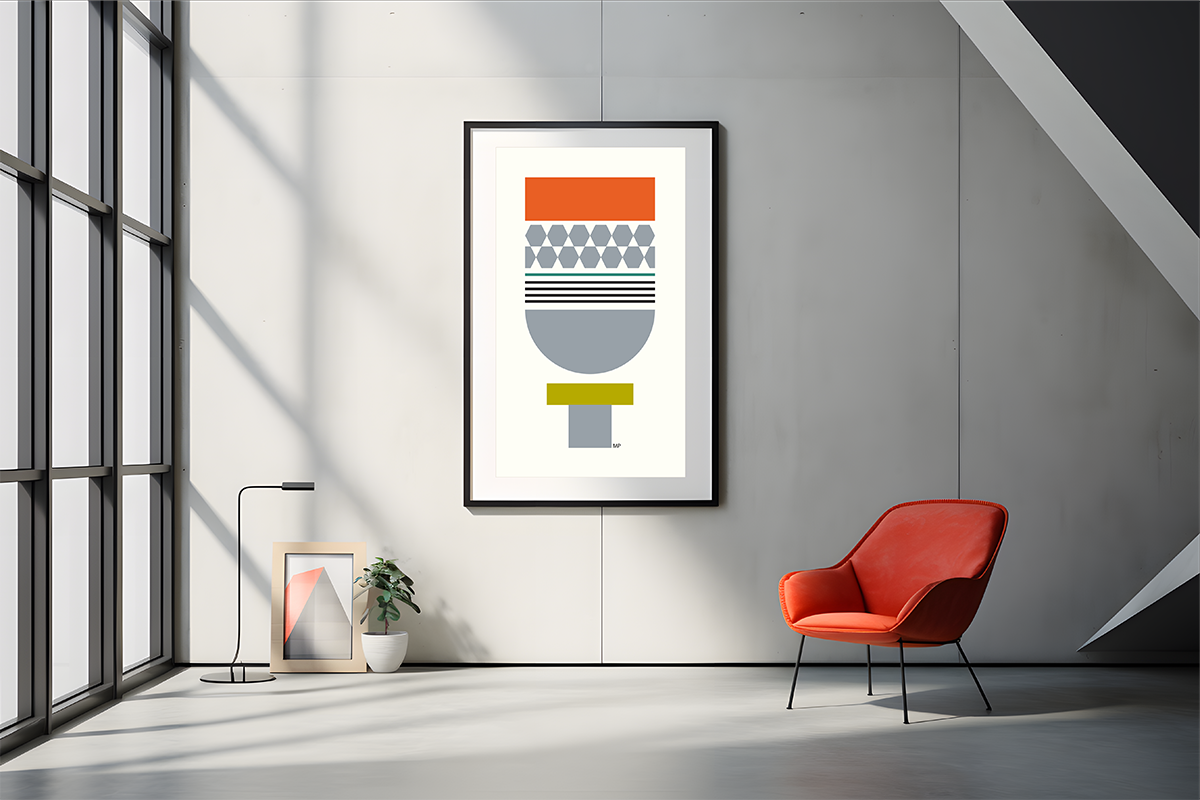 Textil konst med geometriska formspråk i ljuddämpande ull. 320gsm