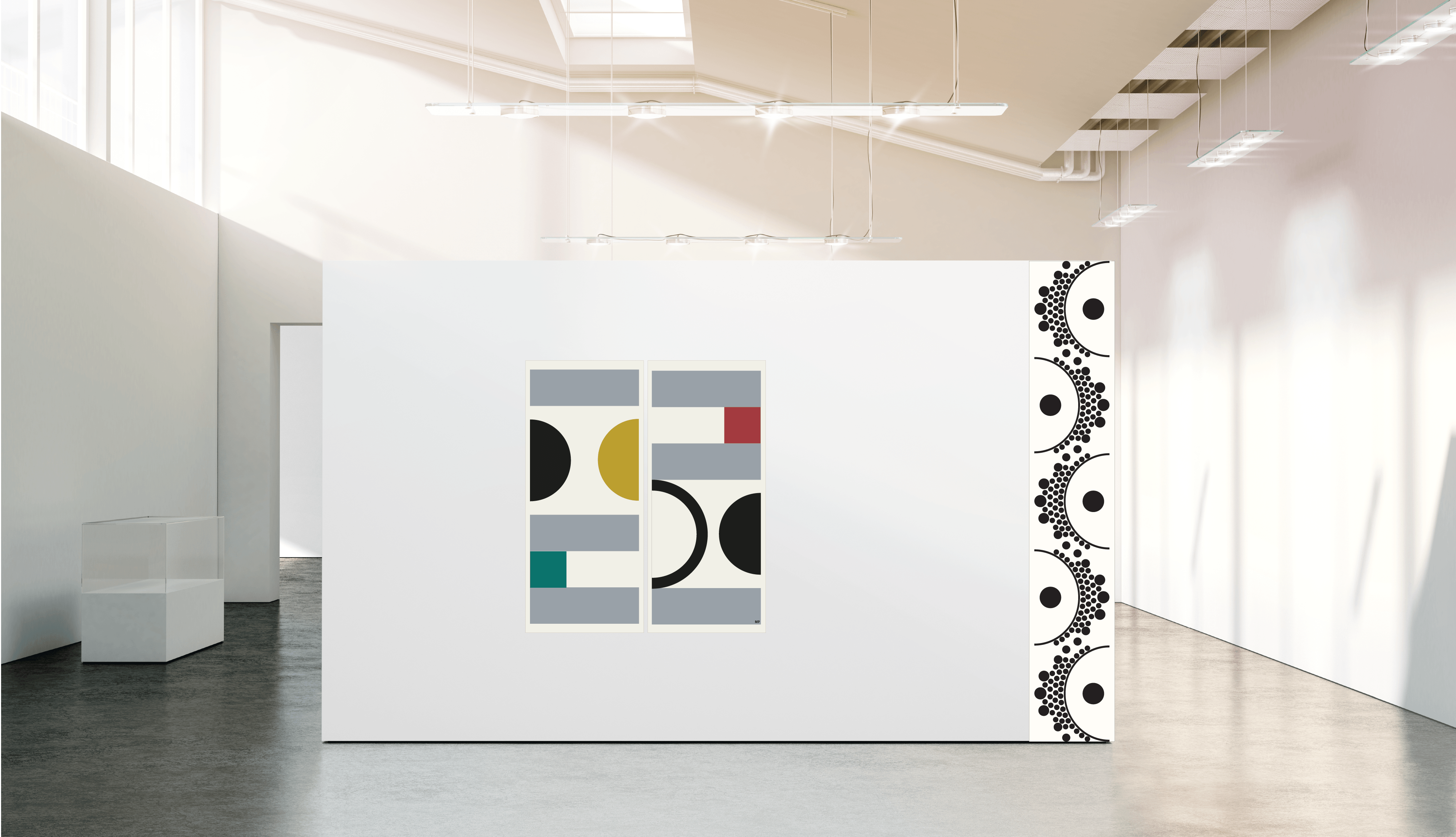 Textil konst med geometriska formspråk i ljuddämpande ull. 320gsm