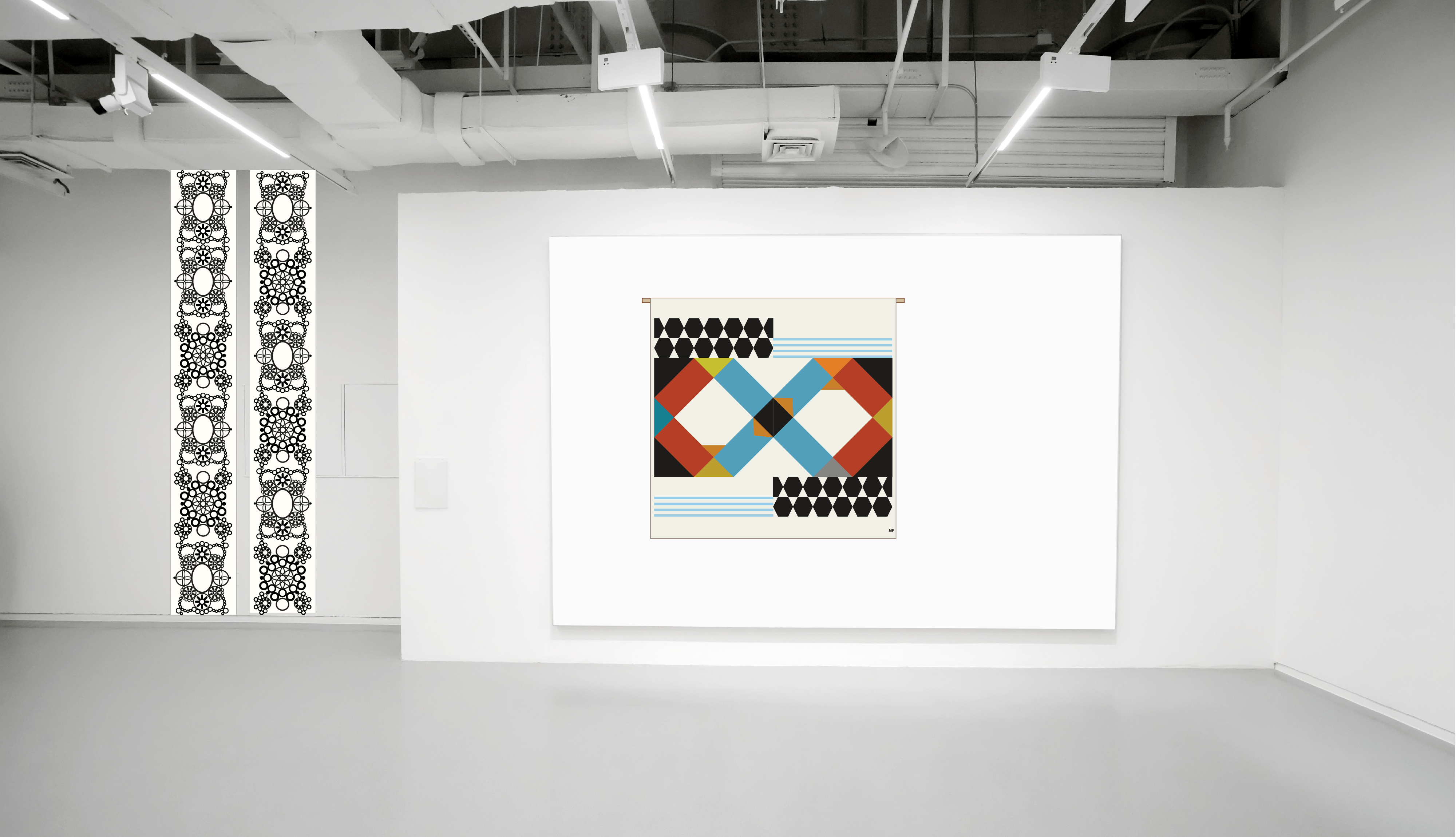 Textil konst med geometriska formspråk i ljuddämpande ull. 320gsm